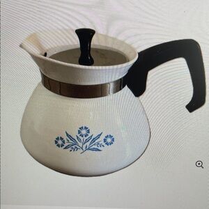Corningware Teapot with Blue Floral Design and Black Handle